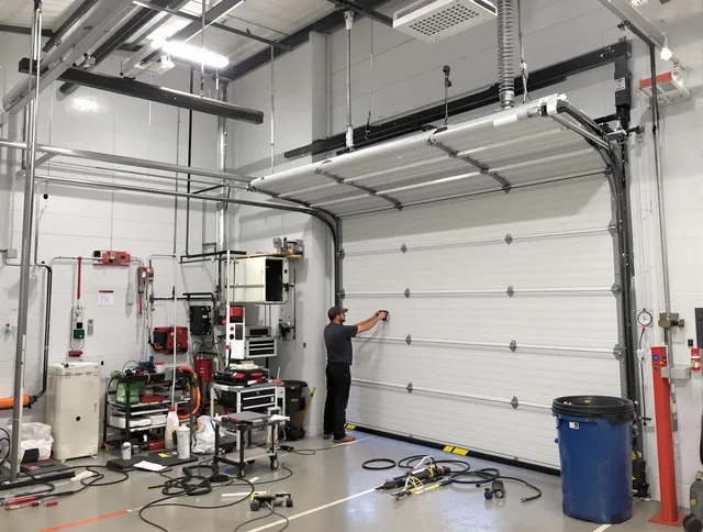Weston Garage Door Repair certified technician performing commercial door repair at a Weston business facility