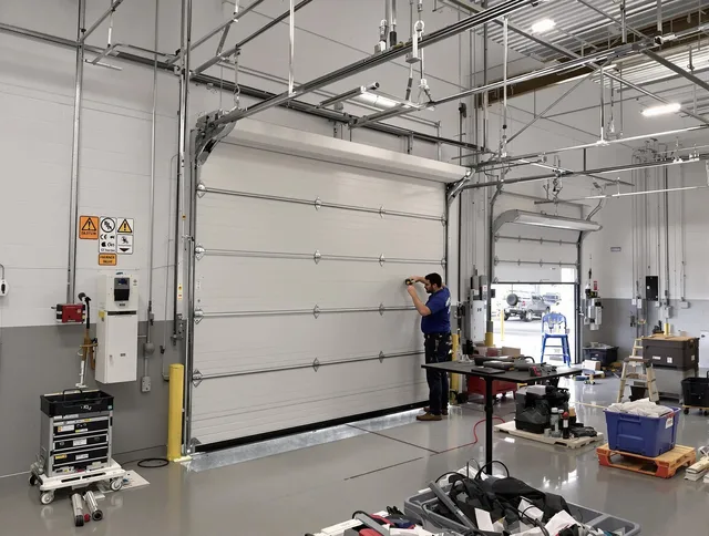 Commercial garage door repair being performed by Weston Garage Door Repair expert in Weston